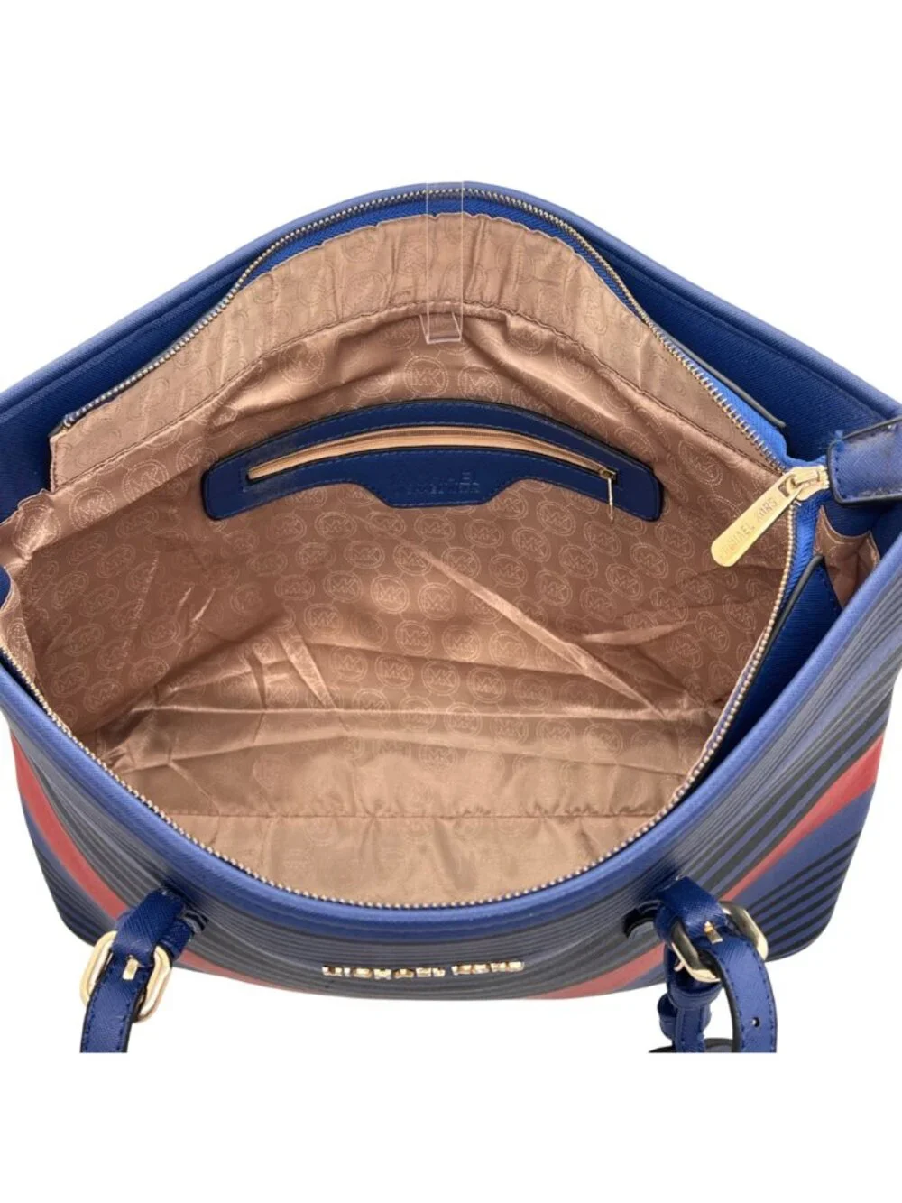 Michael Kors Jet Set Saffiano Canvas Tote Bag Gold MK Zip Closure Dual Handles